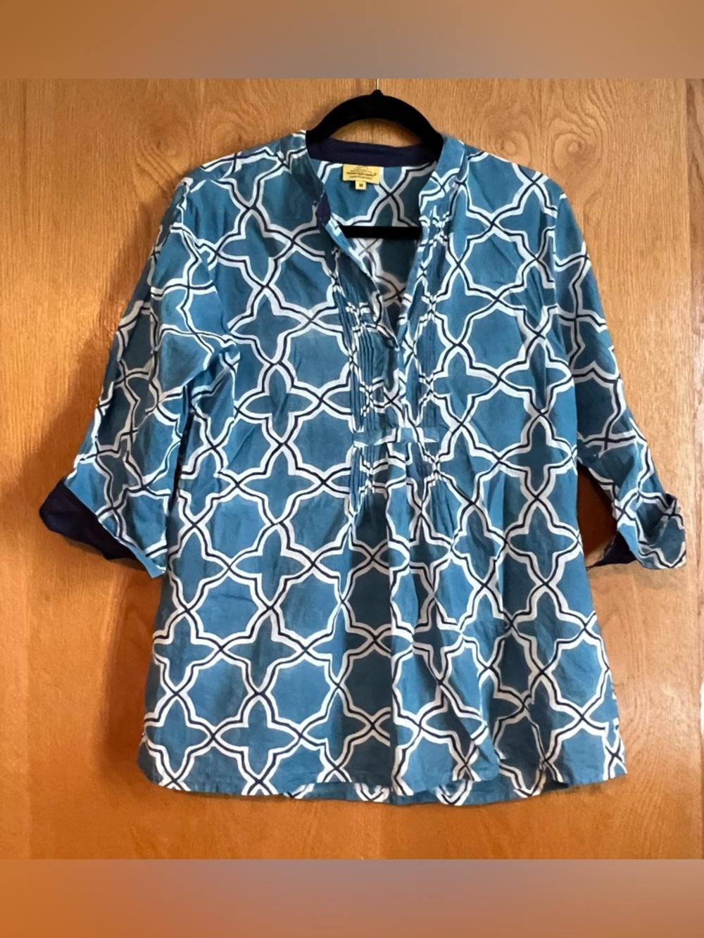 Robert Roller Rabbit Blue Geometric Print Tunic Top Size Medium Boho Cotton